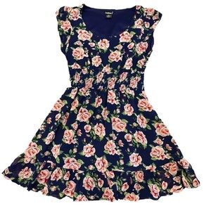Feathers Navy & Pink Floral Midi Dress, Size Medium